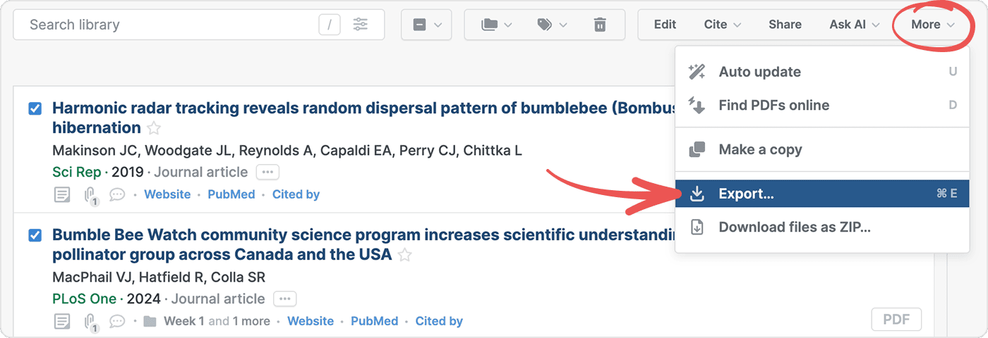 A library with two references ticked and a red arrow pointing to the circled More menu, open on a highlighted “Export…” below Auto update, Find PDFs online and Make a copy, and above “Download files as ZIP…”.